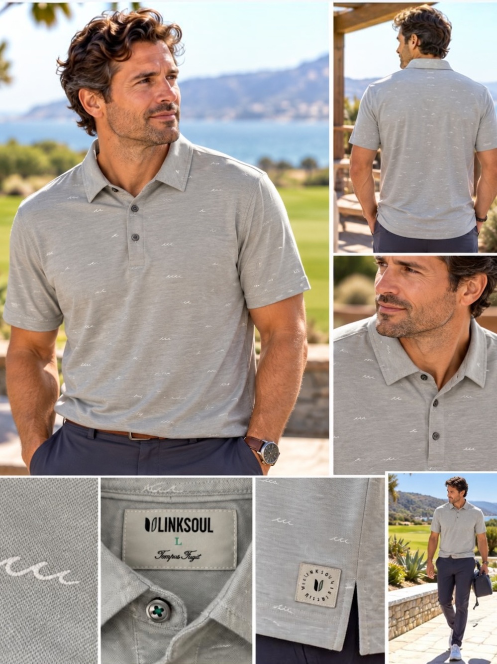 Linksoul Astoria Polo Men’s L Gray Pima Cotton Wave Print Golf Shirt